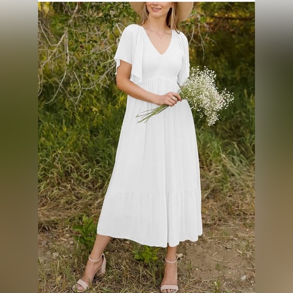Lillusory Flowy White Smocked Midi Dress - Picture 3 of 11